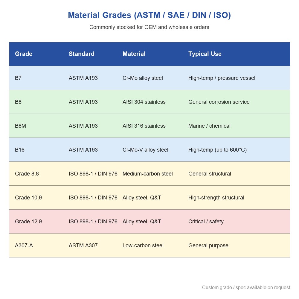 TR-STS stud bolt material grades ASTM A193 B7 B8 B8M B16 ISO 898-1 8.8 10.9 12.9 ASTM A307-A